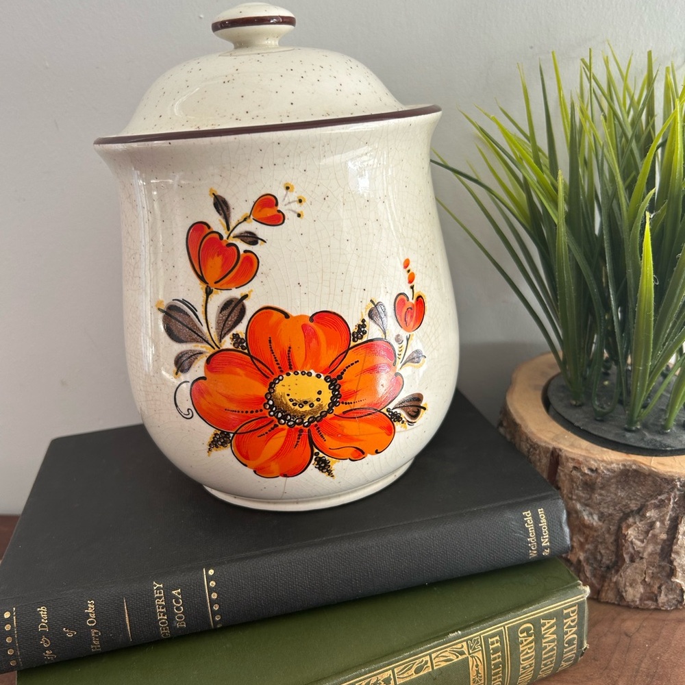 Vintage 1970s Valencia Poppy Stoneware Cookie treat Jar Canister orange Floral